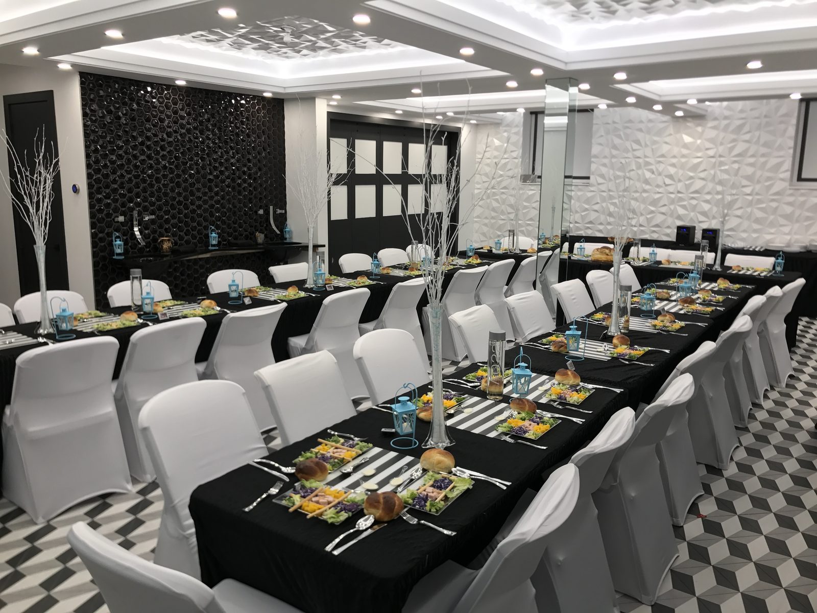 Wide shot of simcha hall with honeycomb walls